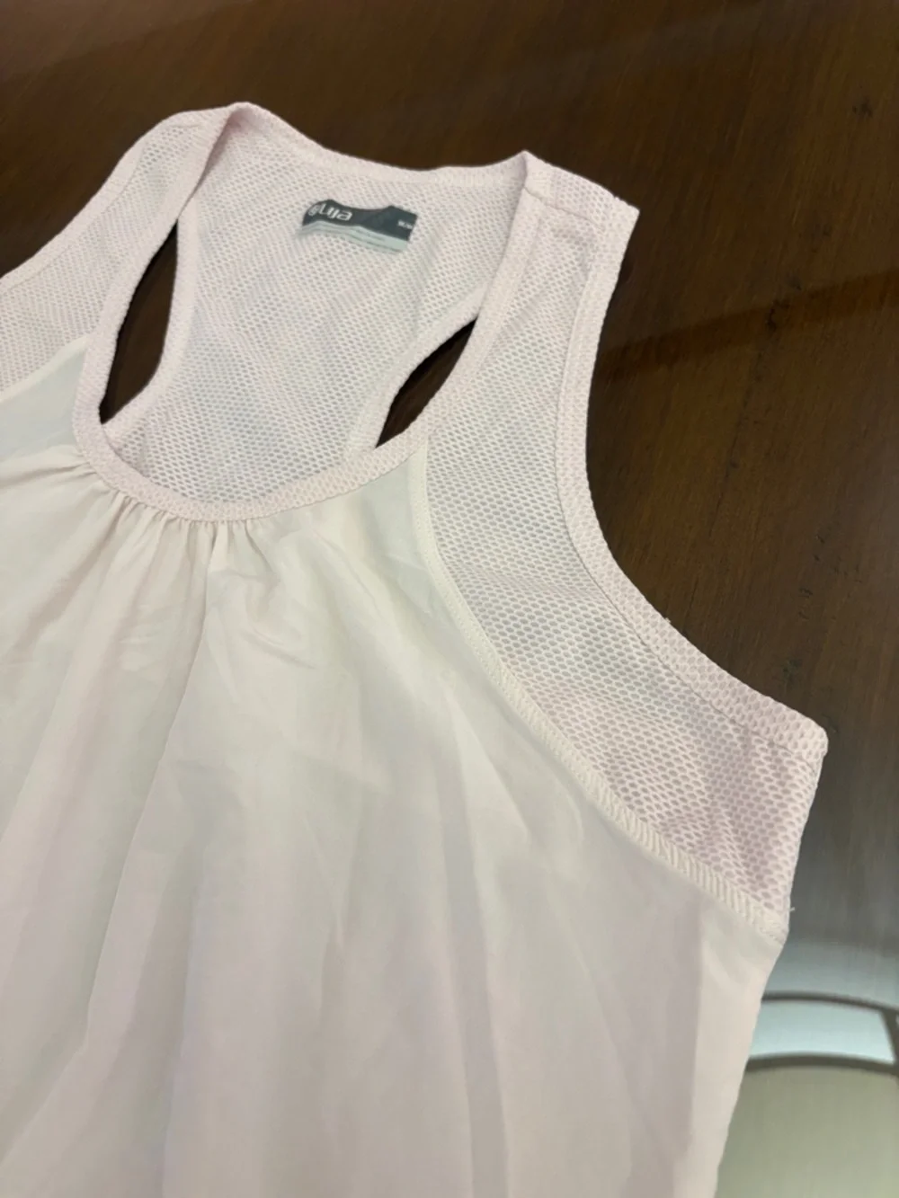 Lija White Racerback Tank with Light pink Mesh Yoke Size Medium